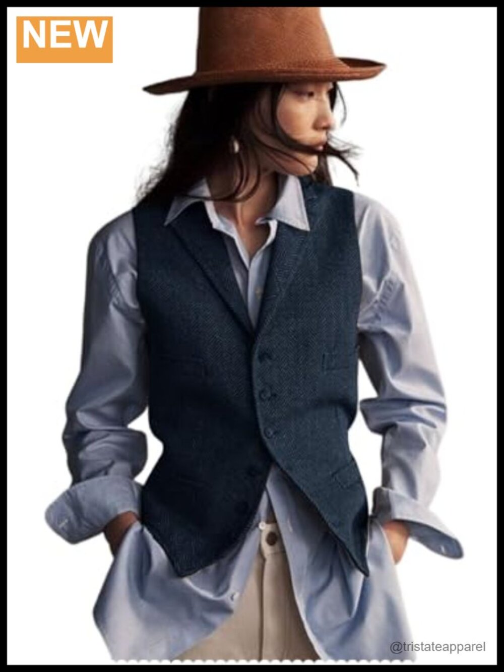 Herringbone Tweed Waistcoat V-Neck Lapel Vest 6 Button Sleeveless